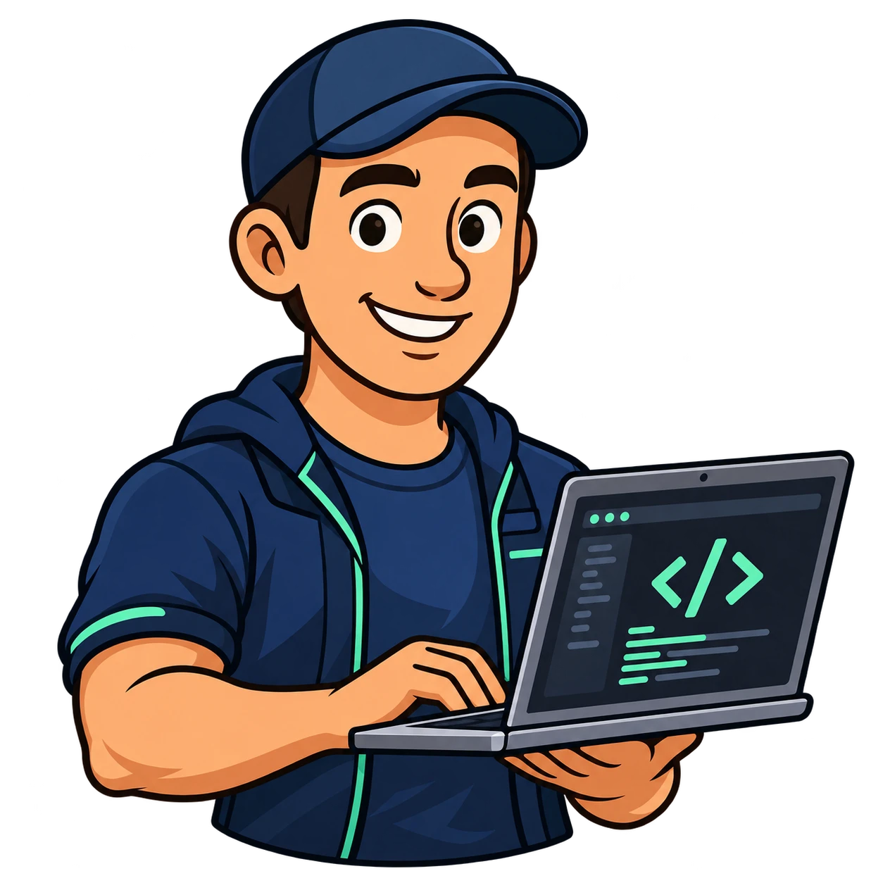 Personaje de Alex Smart Tech sosteniendo una computadora portátil