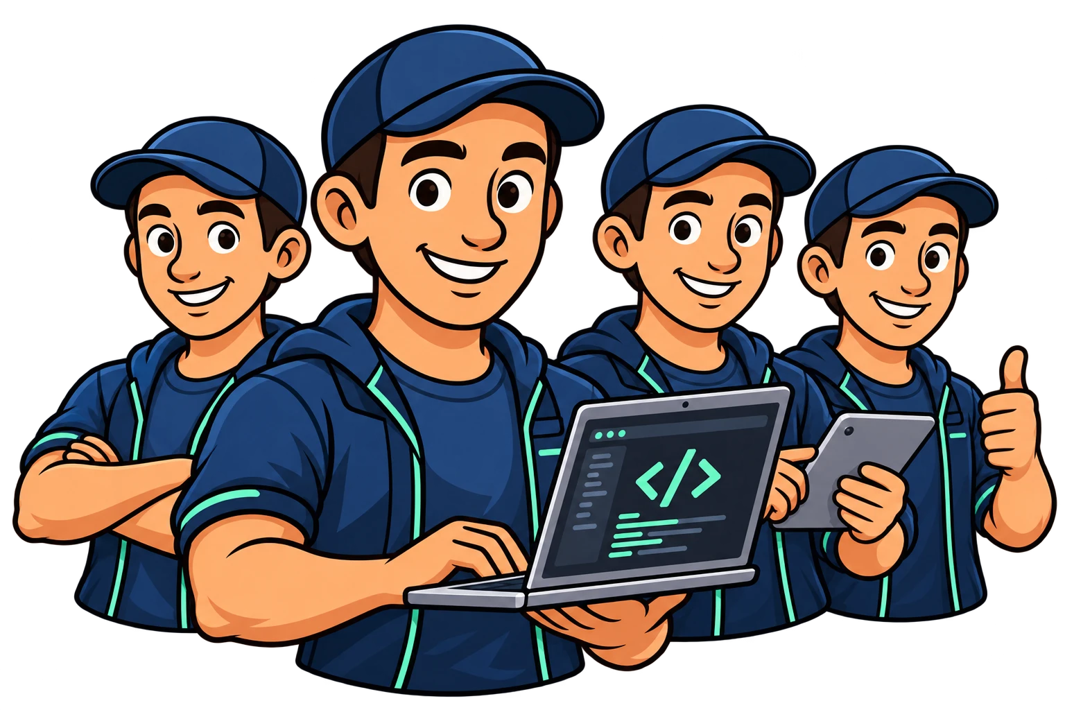 A team of four Alex mascots standing together behind a lead Alex with a coding laptop
