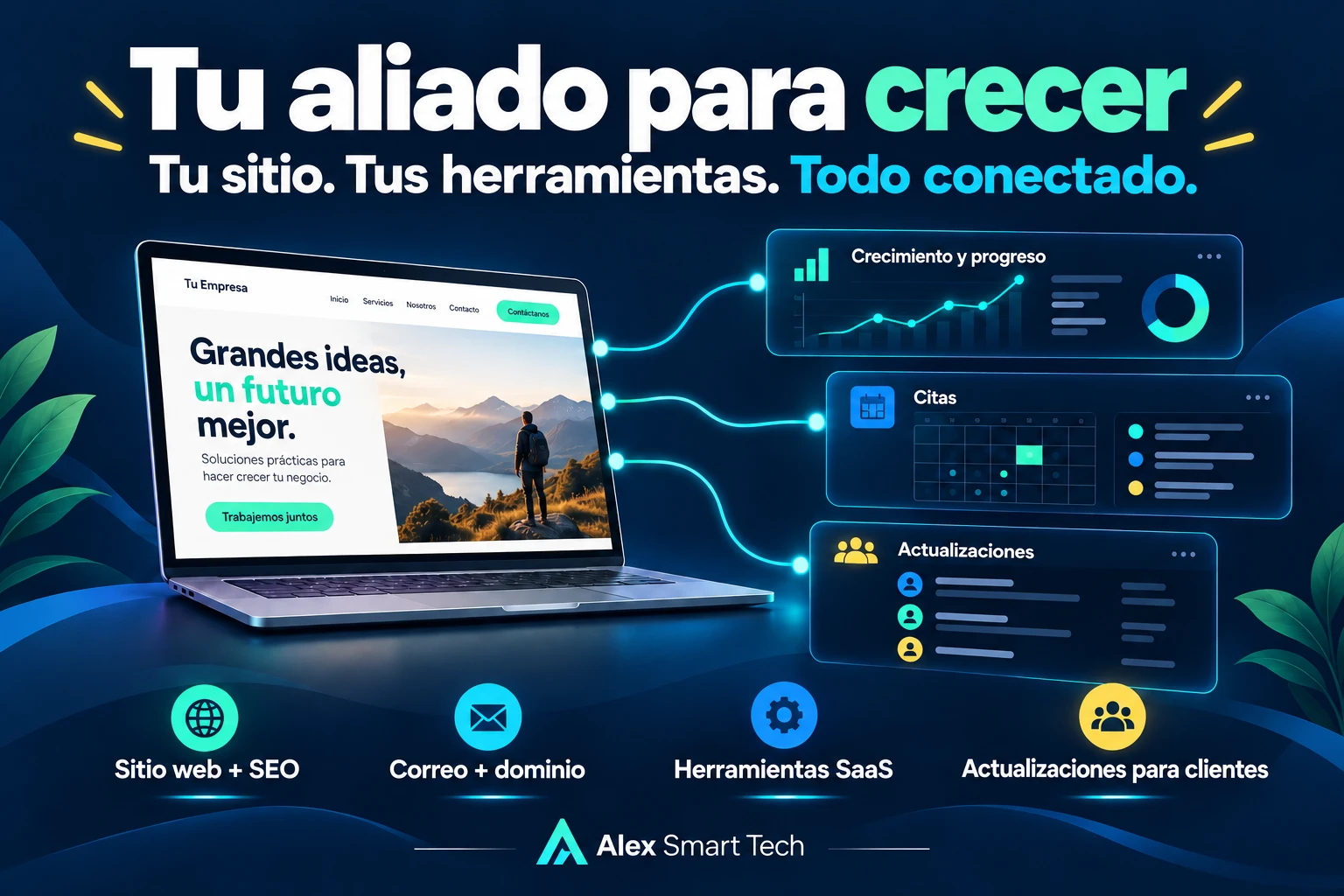 Tu aliado para crecer: sitio web y SEO, correo y dominio, herramientas SaaS y actualizaciones para clientes.